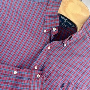 Polo Ralph Lauren Big Shirt Men XL Red Blue Plaid Oxford Pony Button Down Read